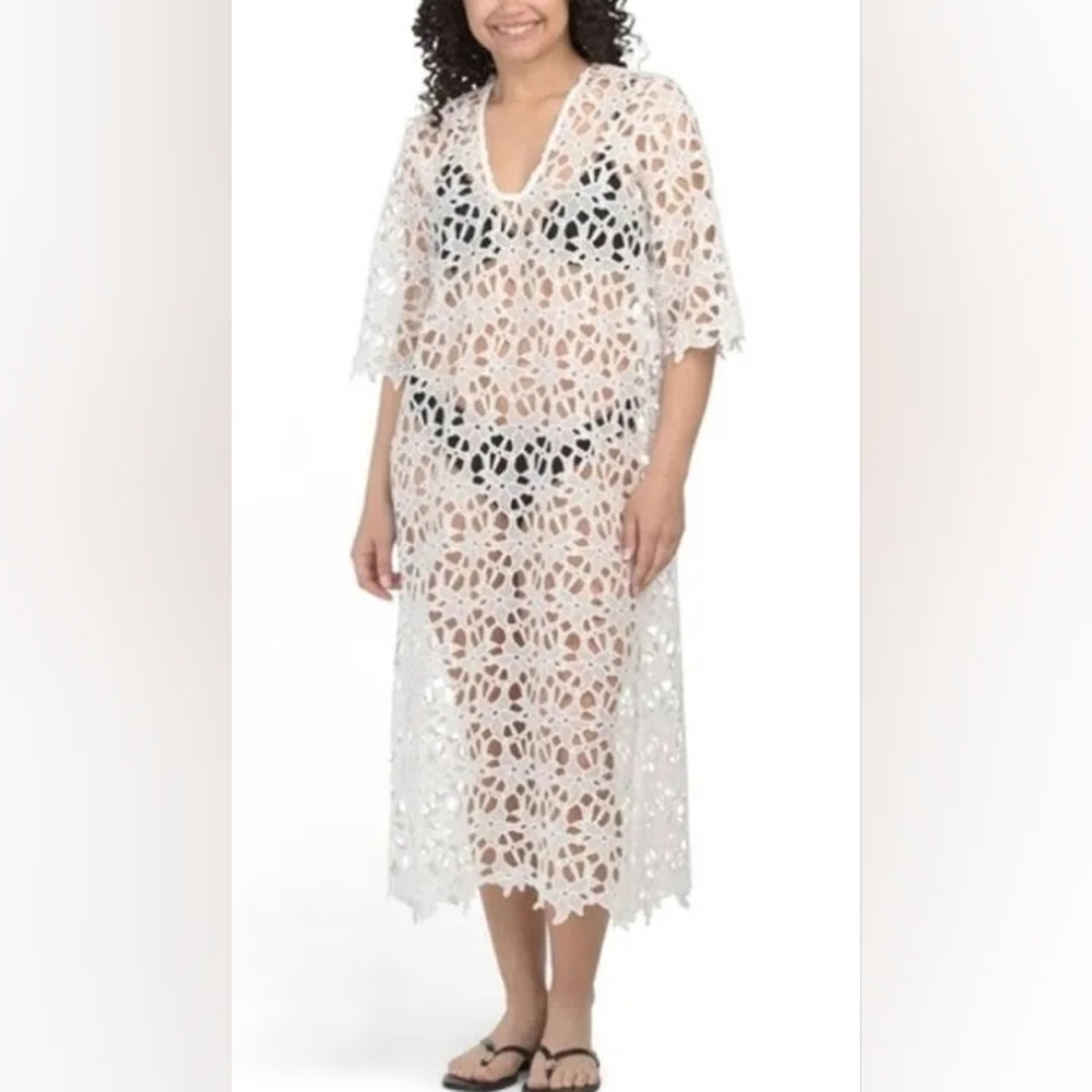 4 Our Dreamers NWT Women's Floral Lace Caftan Beach Cover-up‎ Size Small White